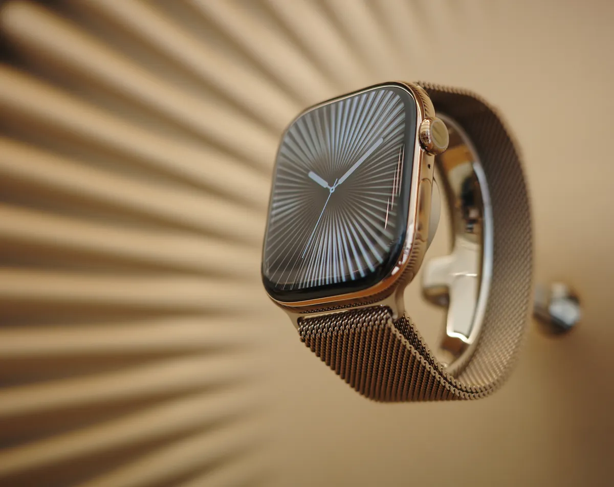 Apple Watch Series 10 in gold titanium with a gold Milanese Loop, on a store display